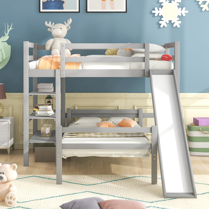 Twin/Full Size Loft Bed with Shelves over Twin Separate Platform Bed ,Gray