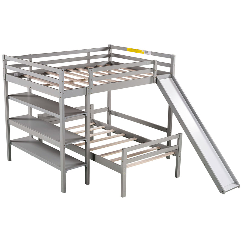 Twin/Full Size Loft Bed with Shelves over Twin Separate Platform Bed ,Gray