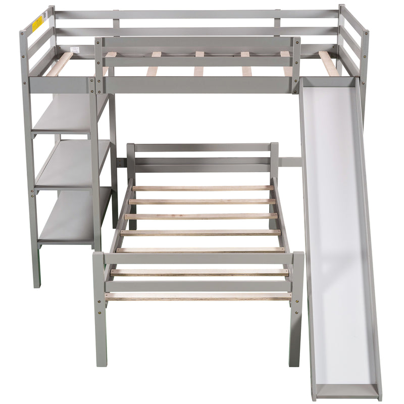 Twin/Full Size Loft Bed with Shelves over Twin Separate Platform Bed ,Gray