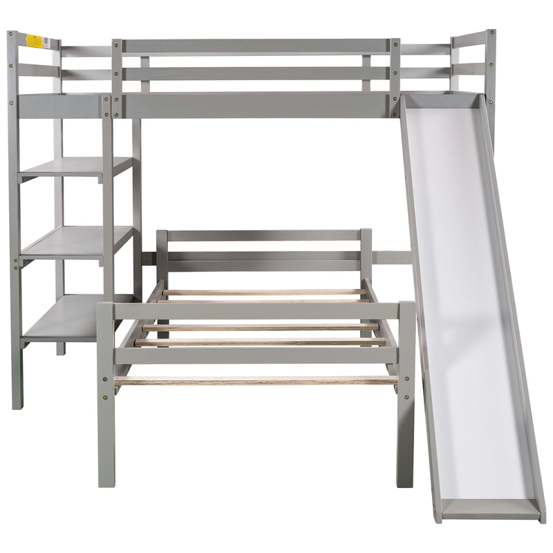 Twin/Full Size Loft Bed with Shelves over Twin Separate Platform Bed ,Gray