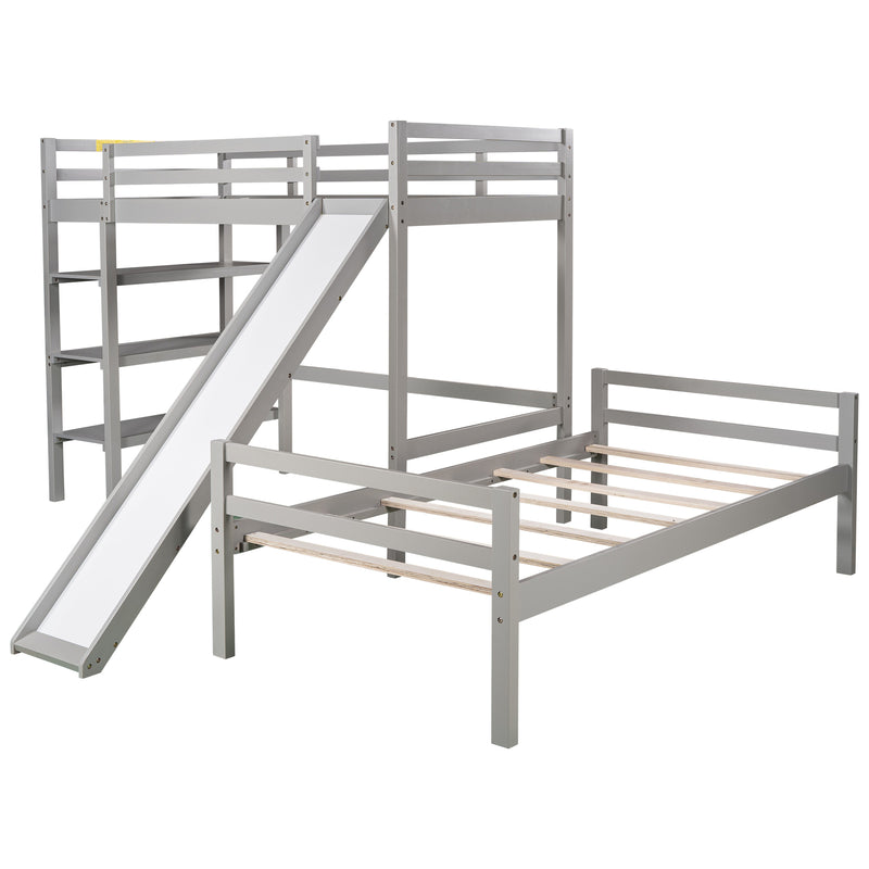 Twin/Full Size Loft Bed with Shelves over Twin Separate Platform Bed ,Gray