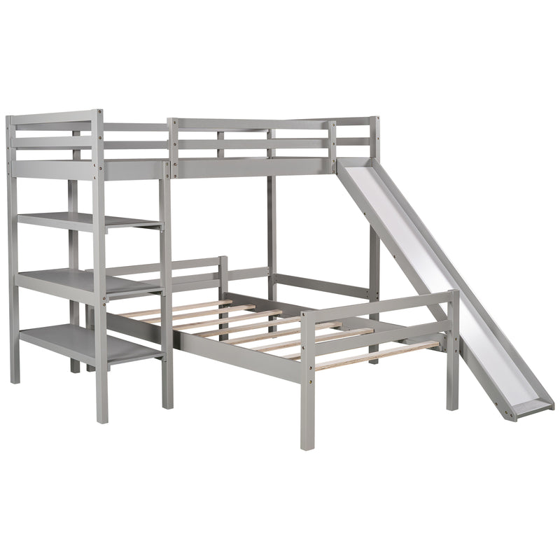 Twin/Full Size Loft Bed with Shelves over Twin Separate Platform Bed ,Gray