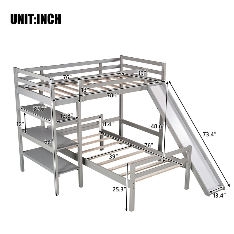 Twin/Full Size Loft Bed with Shelves over Twin Separate Platform Bed ,Gray