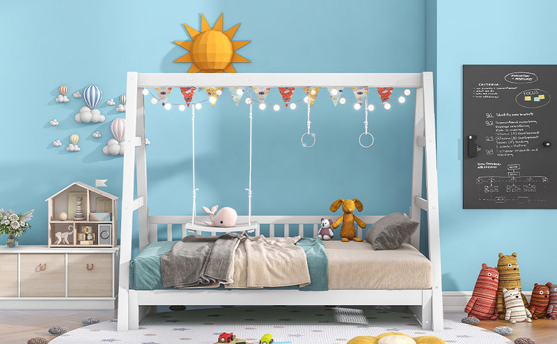 Extendable Twin Daybed with Swing and Ring Handles, White(Twin bed can be pulled out to be King)