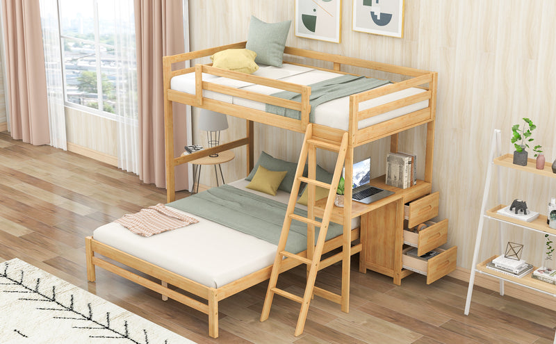 Twin over Full Bunk Bed with Built-in Desk and Three Drawers, Natural