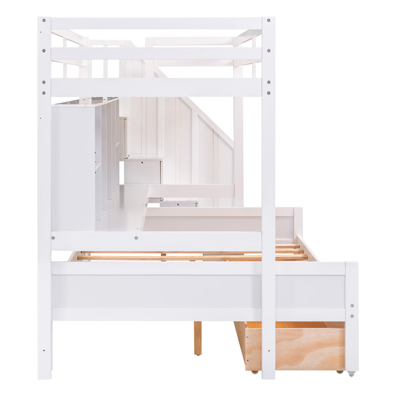 Twin XL over Full Bunk Bed with Built-in Storage Shelves, Drawers and Staircase,White