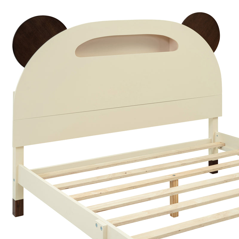 Full Size Wood Platform Bed with Bear-shaped Headboard,Bed with Motion Activated Night Lights,Cream+Walnut