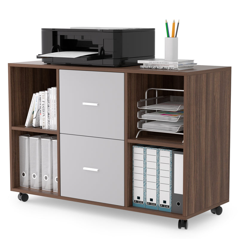 Mobile lateral filing cabinet with 2 drawers and 4 open storage cabinets, for home office, walnut-light gray