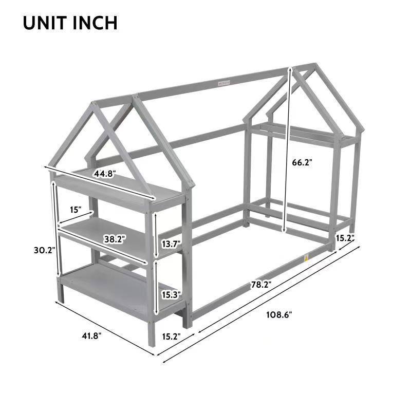 Twin House-Shaped Floor Bed with 2 Detachable Stands,Gray