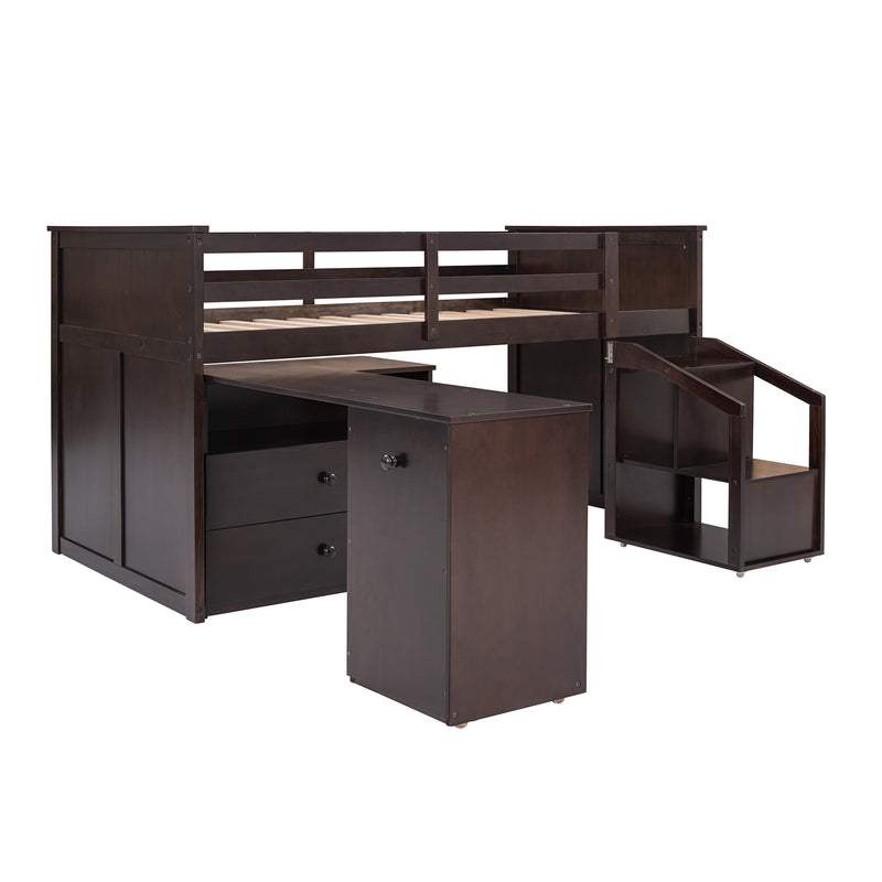 Loft Bed Low Study Twin Size Loft Bed With Storage Steps and Portable,Desk,Espresso