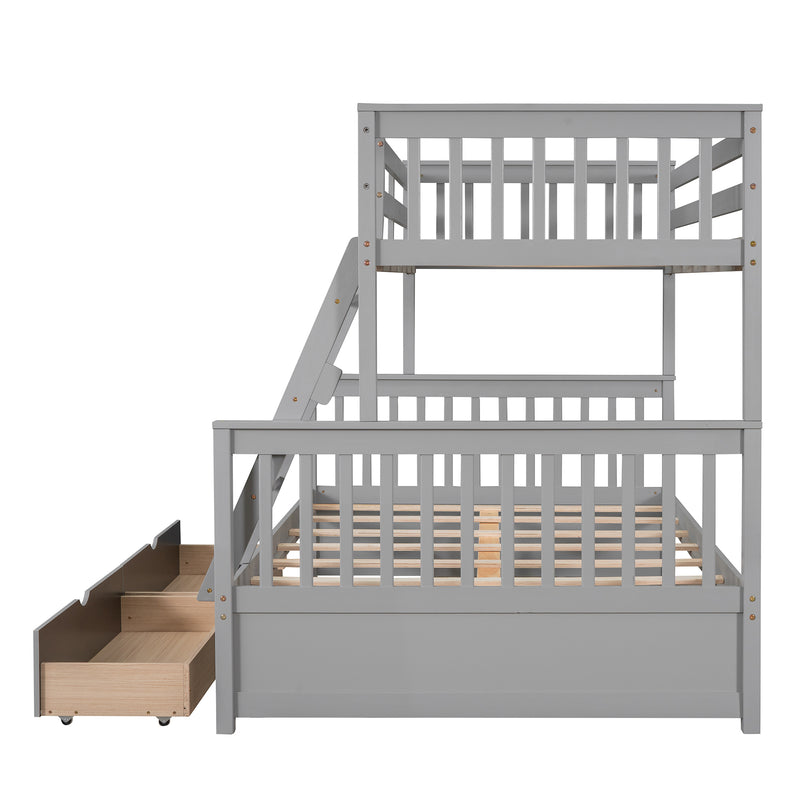 Twin-Over-Full Bunk Bed with Ladders and Two Storage Drawers(Gray)