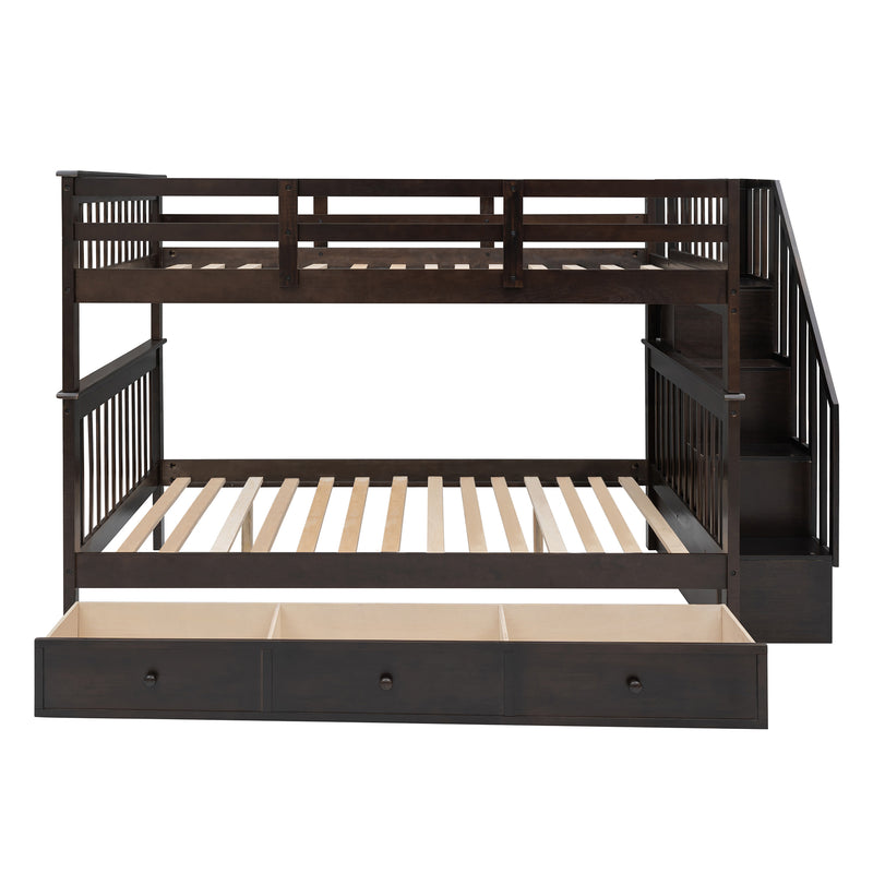 Stairway Full-Over-Full Bunk Bed with Drawer, Storage and Guard Rail for Bedroom, Espresso color