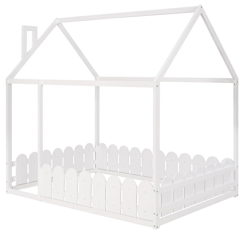 （Slats are not included) Full Size Wood Bed House Bed Frame with Fence, for Kids, Teens, Girls, Boys (White )