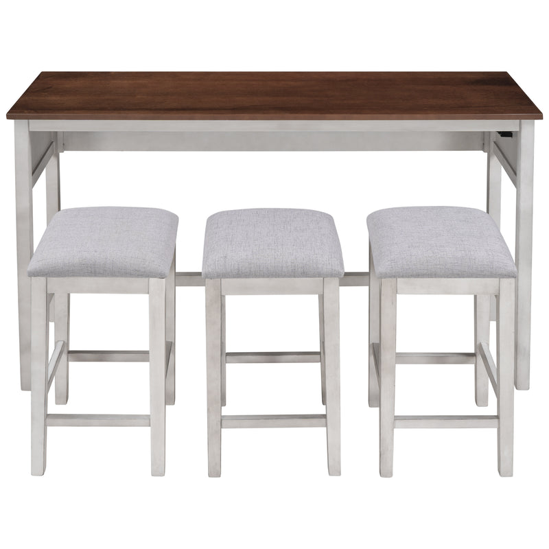 4 Pieces Counter Height Table with Fabric Padded Stools,Rustic Bar Dining Set with Socket,Cherry Top +Distressed White Body