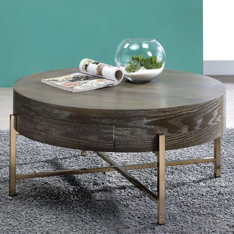 Metal Frame Wood Round Coffee Table with 1 Drawer