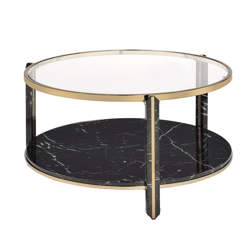 Metal Frame Round Coffee Table With Clear Glass Top Marble Shelf