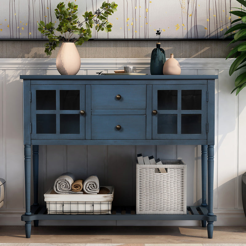 Sideboard Console Table with Bottom Shelf, Farmhouse Wood/Glass Buffet Storage Cabinet Living Room