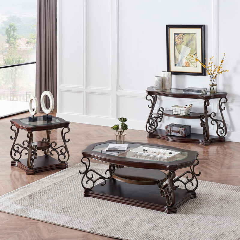 Sofa Table, Glass table top, MDF W/marble paper middle shelf, powder coat finish metal legs.