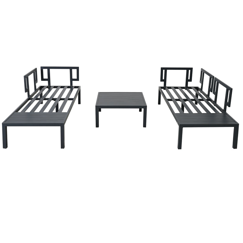 Outdoor 3-piece Aluminum Alloy Sectional Sofa Set with End Table and Coffee Table,Black Frame+Gray Cushion