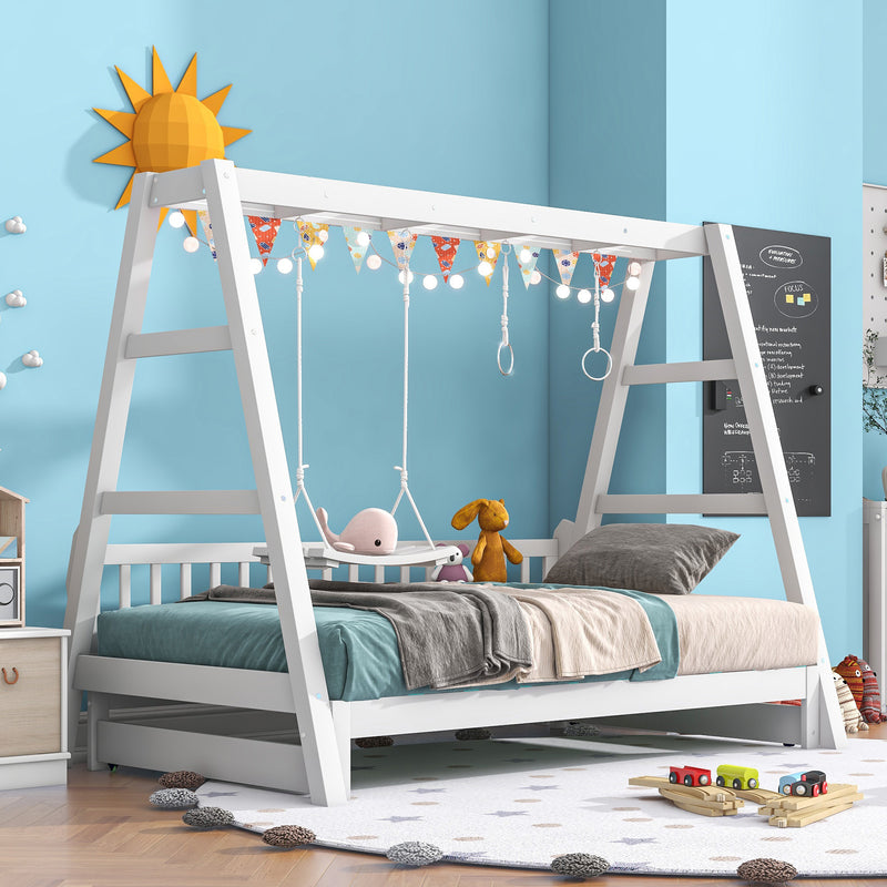 Extendable Twin Daybed with Swing and Ring Handles, White(Twin bed can be pulled out to be King)