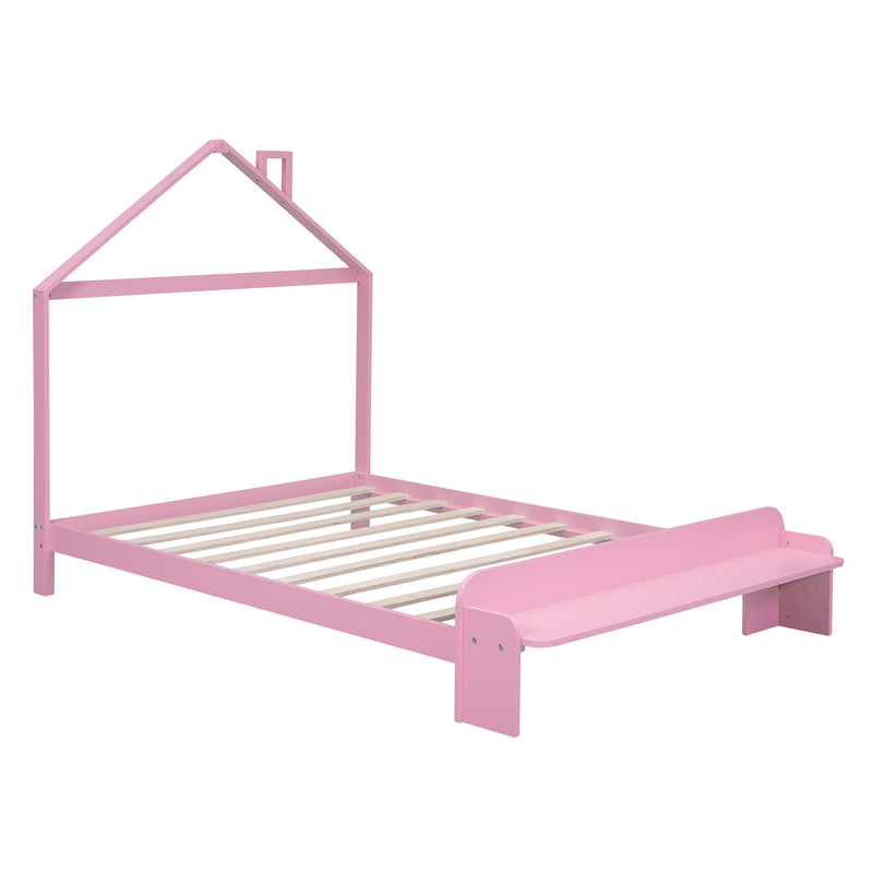 Full Size Wood Platform Bed with House-shaped Headboard and Footboard Bench,Pink