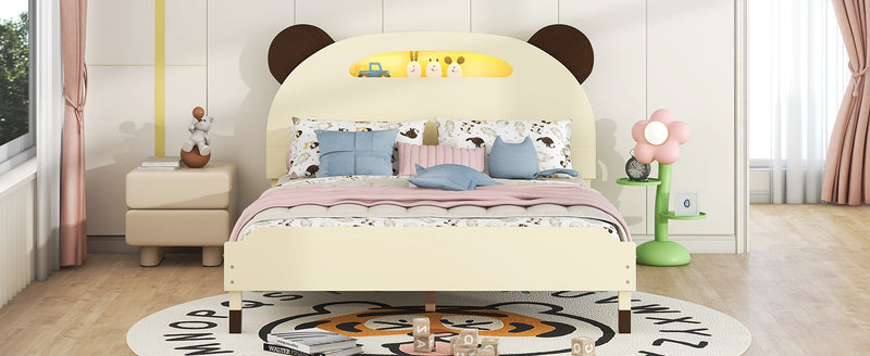 Full Size Wood Platform Bed with Bear-shaped Headboard,Bed with Motion Activated Night Lights,Cream+Walnut