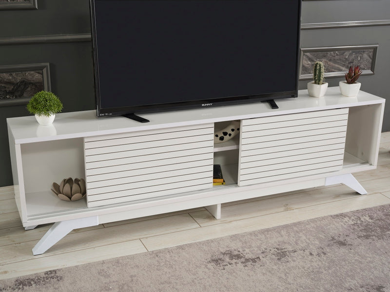 FurnisHome Store Luxia Mid Century Modern Tv Stand 2 Sliding Door Cabinet 2 Shelves 67 inch Tv Uni, White