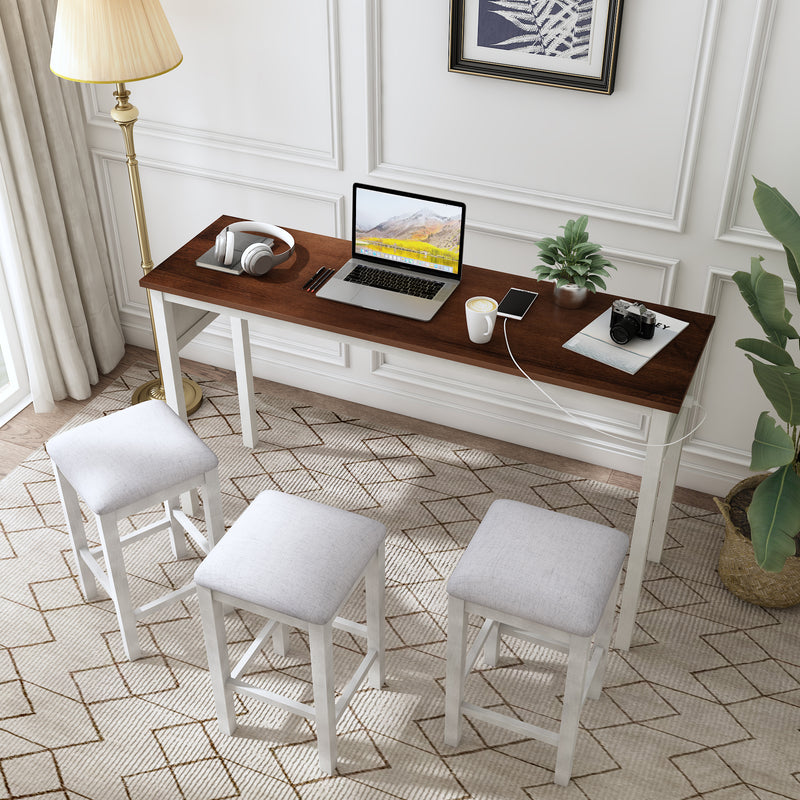 4 Pieces Counter Height Table with Fabric Padded Stools,Rustic Bar Dining Set with Socket,Cherry Top +Distressed White Body