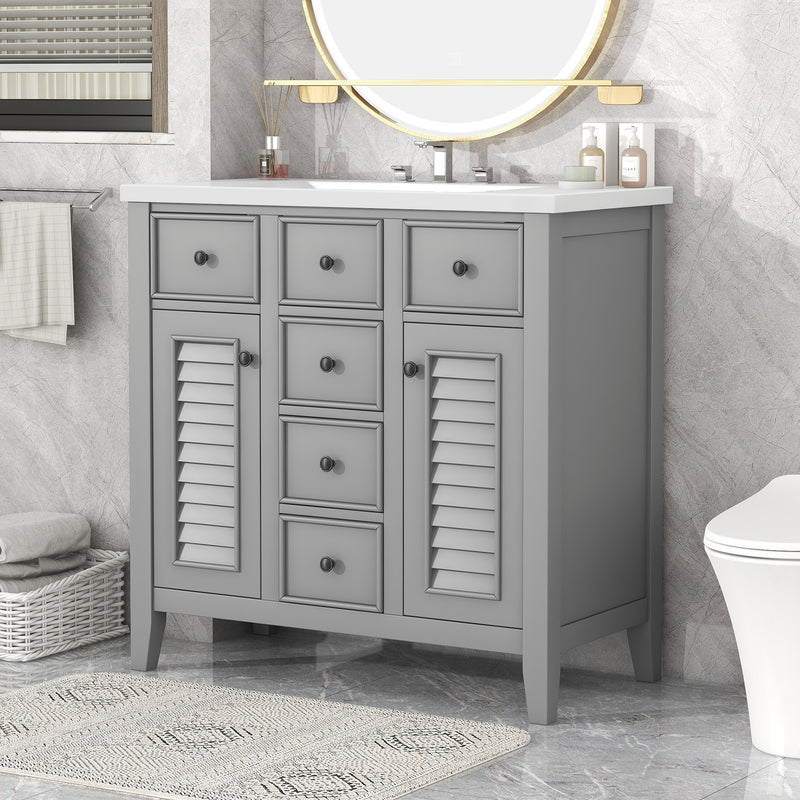 36" Bathroom Vanity with Ceramic Basin, Two Cabinets and Five Drawers, Solid Wood Frame, Grey