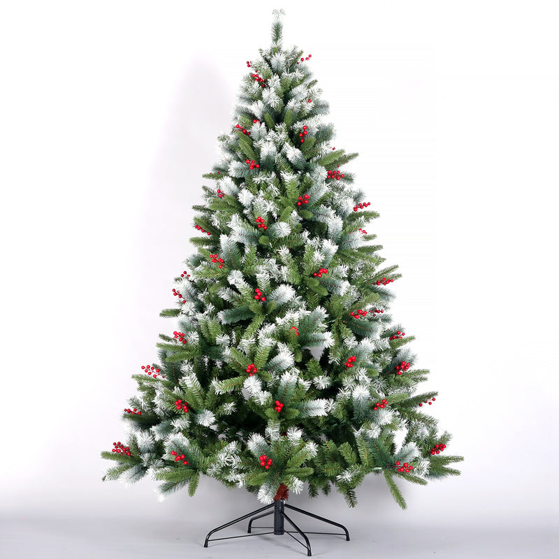 Artificial Christmas Tree Flocked Pine Needle Tree with Cones Red Berries 7.5 ft Foldable Stand