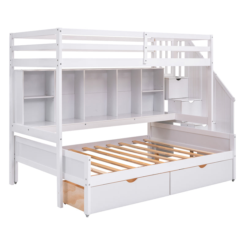 Twin XL over Full Bunk Bed with Built-in Storage Shelves, Drawers and Staircase,White