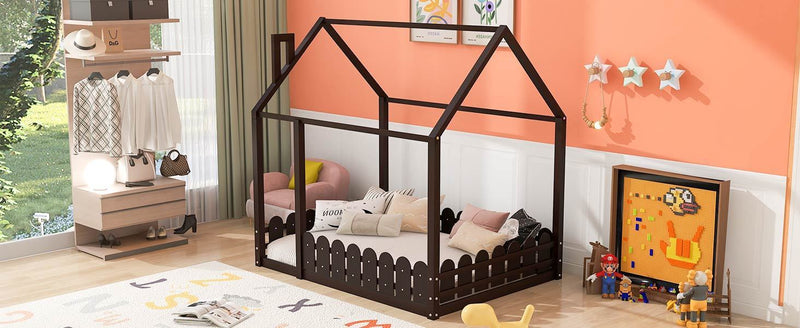 （Slats are not included) Full Size Wood Bed House Bed Frame with Fence, for Kids, Teens, Girls, Boys (Espresso )