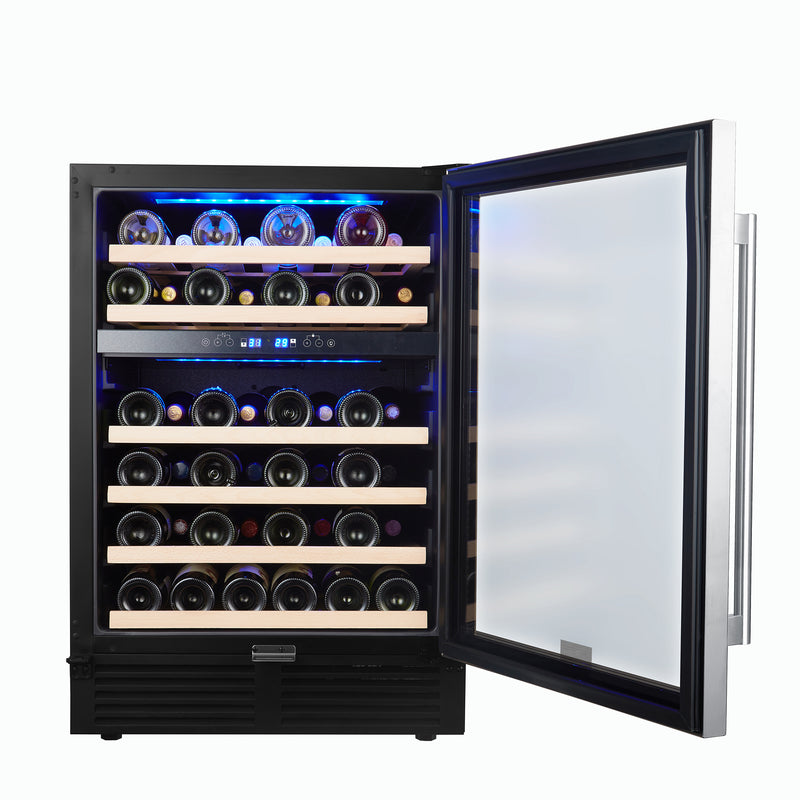 24 inch 46 Bottle Wine Cooler Cabinet Beverage Fridge Small Wine Cellar Soda Beer Counter Top Bar Quiet Operation Compressor Freestanding Clear Glass Door for Office