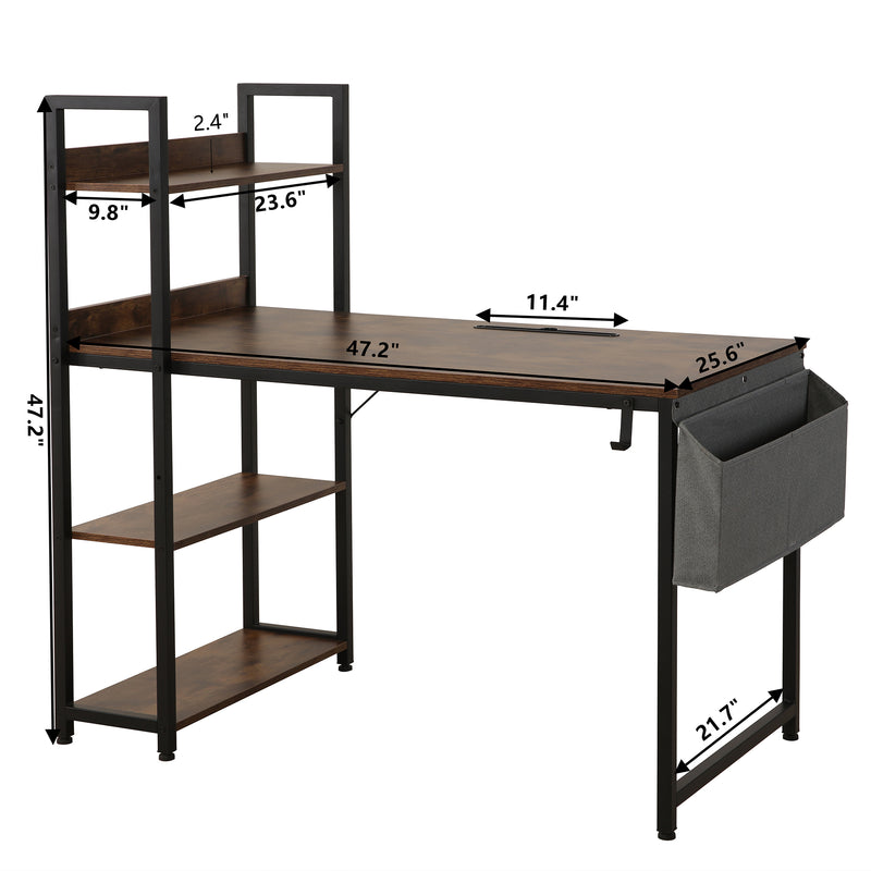 High-quality and multi-function, 47-inch H-shaped computer desk, with bookshelf, with fabric drawer, with earphone hook, easy to assemble