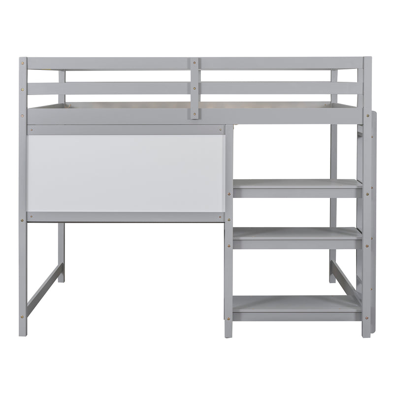 Full Size Wooden Loft Bed with Shelves, Desk and Writing Board - Gray