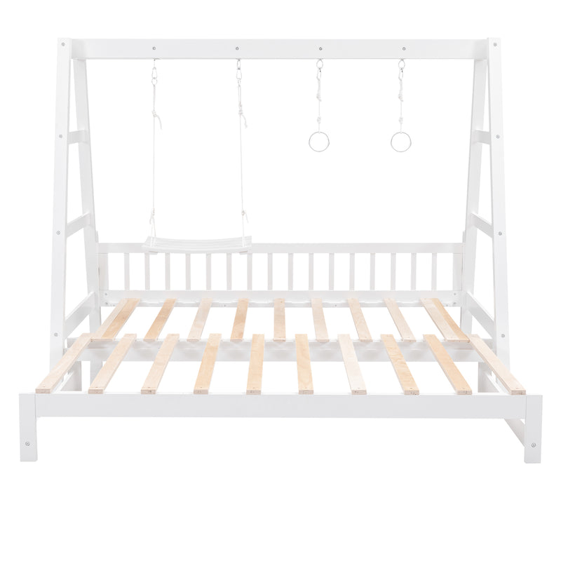 Extendable Twin Daybed with Swing and Ring Handles, White(Twin bed can be pulled out to be King)