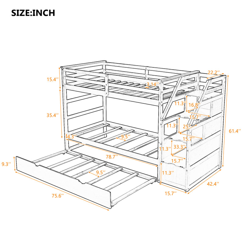 Twin-Over-Twin Bunk Bed with Twin Size Trundle and 3 Storage Stairs,Gray