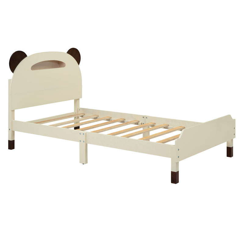 Twin Size Wood Platform Bed with Bear-shaped Headboard,Bed with Motion Activated Night Lights,Cream+Walnut