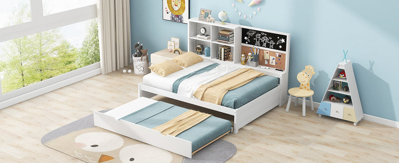 Full Size Daybed with Storage Shelves, Blackboard, Cork board, USB Ports and Twin Size Trundle, White