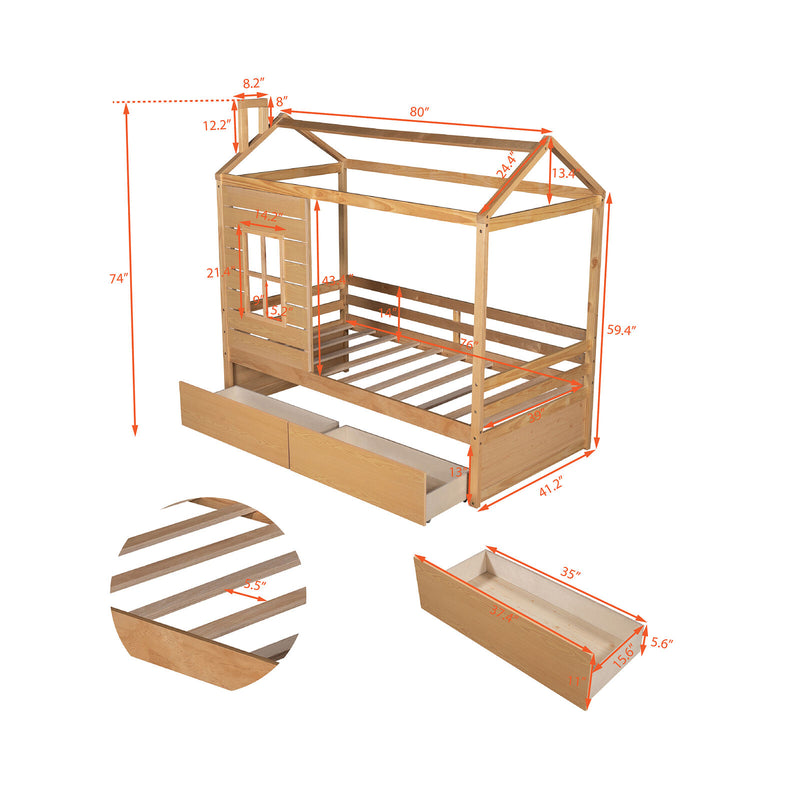 41.2&quot; Width Twin Size House Bed Wood Bed With Two Drawers Modern Classic Wood Bed Kid-friendly Design For Kids Bedroom Furniture