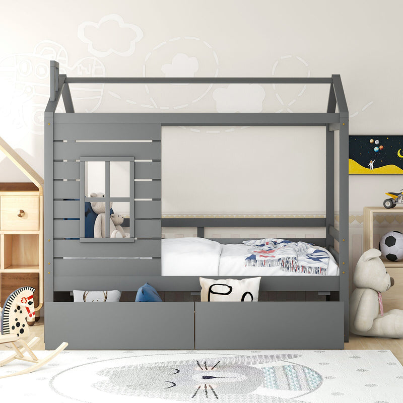 41.2&quot; Width Twin Size House Bed Wood Bed With Two Drawers Modern Classic Wood Bed Kid-friendly Design For Kids Bedroom Furniture