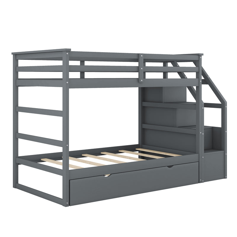 Twin-Over-Twin Bunk Bed with Twin Size Trundle and 3 Storage Stairs,Gray