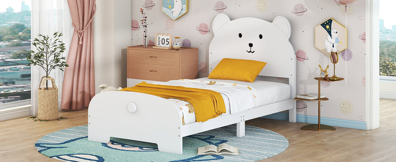 Twin Size Wood Platform Bed with Bear-shaped Headboard and Footboard,White