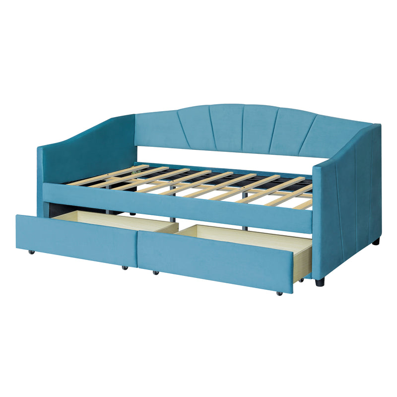 Upholstered daybed Twin Size with Two Drawers and Wood Slat Suppot ,Blue