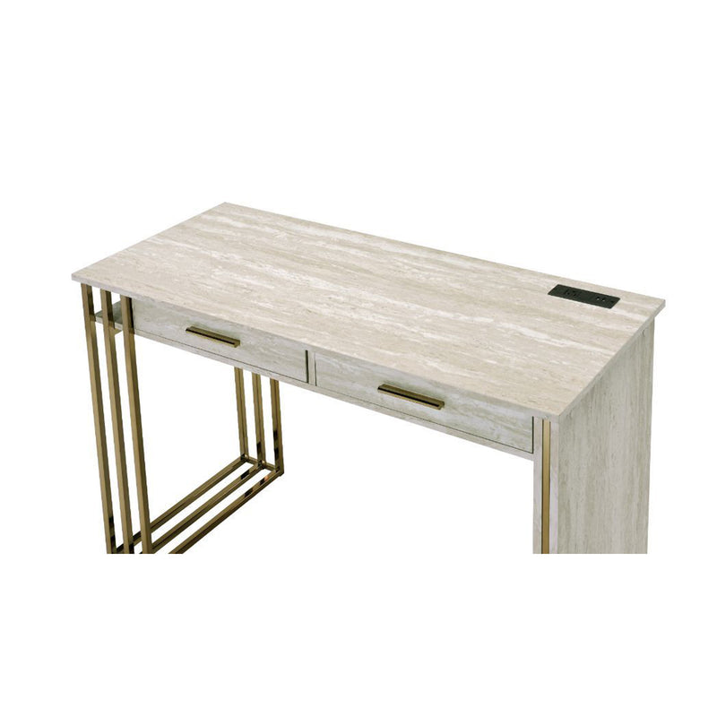 Built-in USB Port Writing Desk, Antique White & Gold Finish