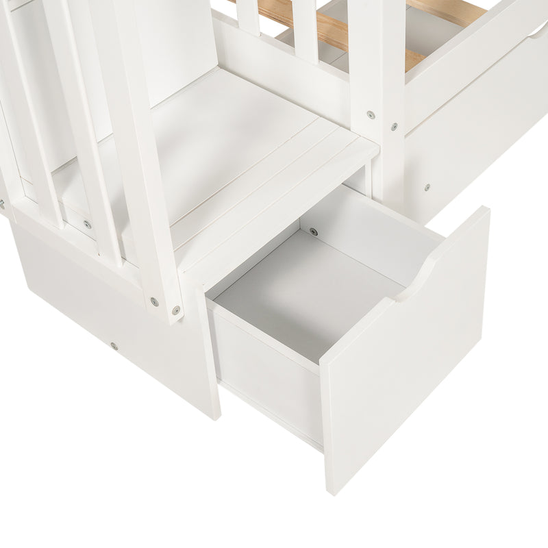 Full Over Full Bunk Bed with Shelves and 6 Storage Drawers, White