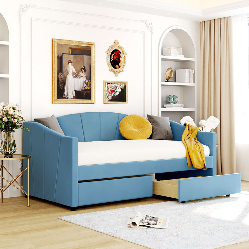 Upholstered daybed Twin Size with Two Drawers and Wood Slat Suppot ,Blue