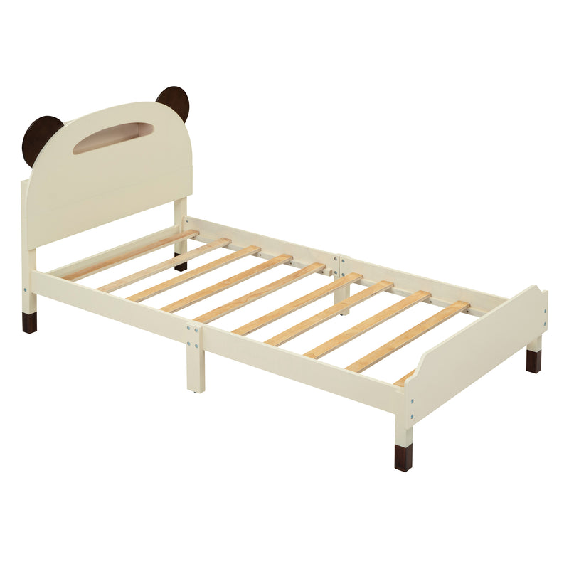 Twin Size Wood Platform Bed with Bear-shaped Headboard,Bed with Motion Activated Night Lights,Cream+Walnut