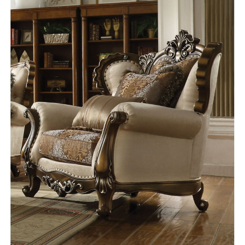 Chair & 2 Pillows in Tan, Pattern Fabric & Antique Oak