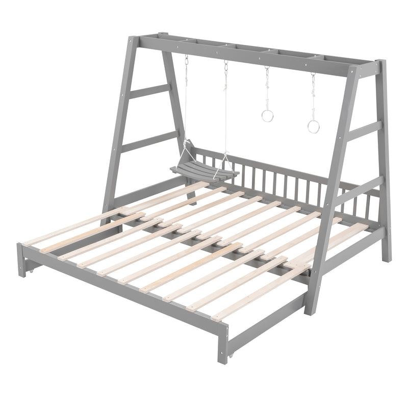 Extendable Twin Daybed with Swing and Ring Handles, Gray(Twin bed can be pulled out to be King)